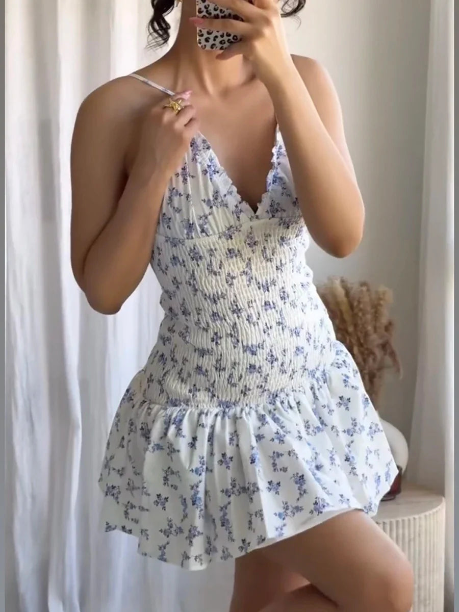 Printing Pleated V Neck Elastic Mini Dress