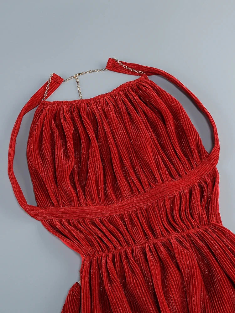 Red Pleated Halter Open Back Maxi Dress