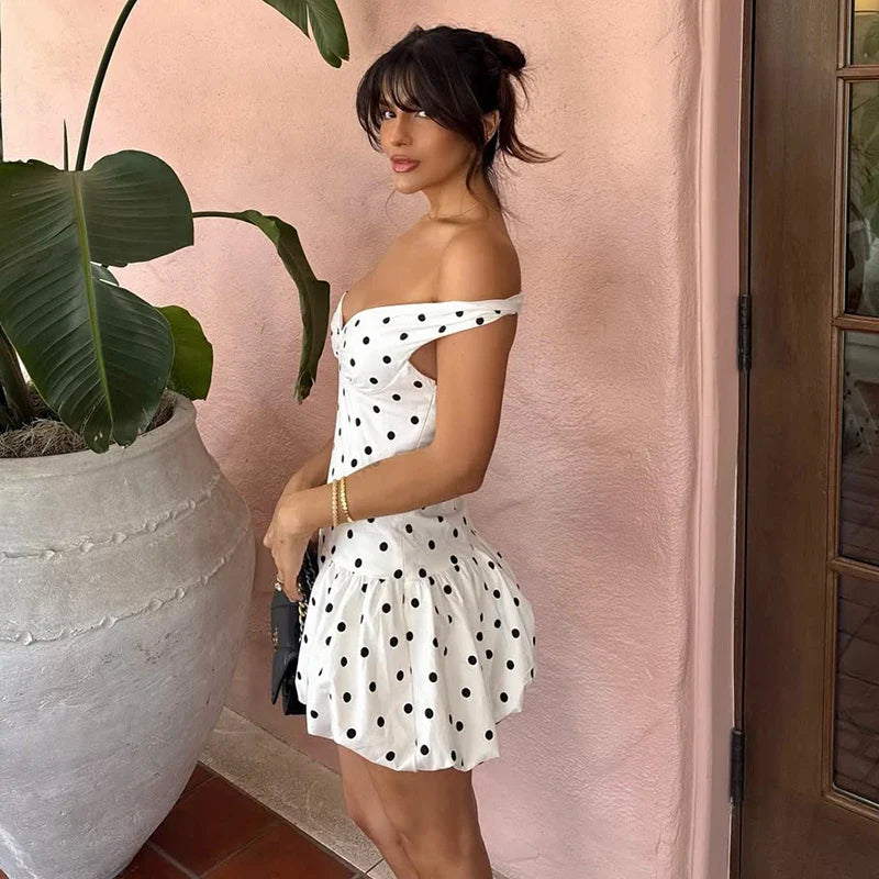 Off-shoulder Polka Dot Printed Mini Dress