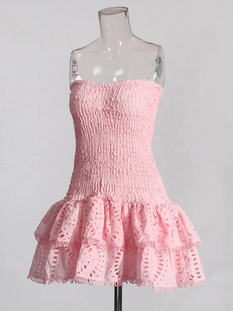 Ruched Strapless Embroidered Frill Mini Dress