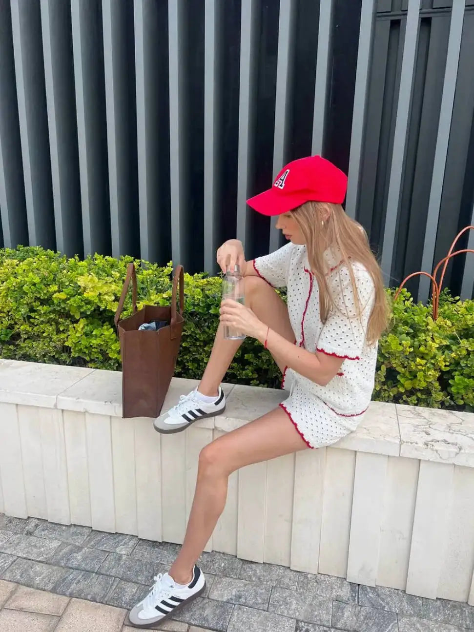 White Knitted Short Sleeve Top And Shorts Set