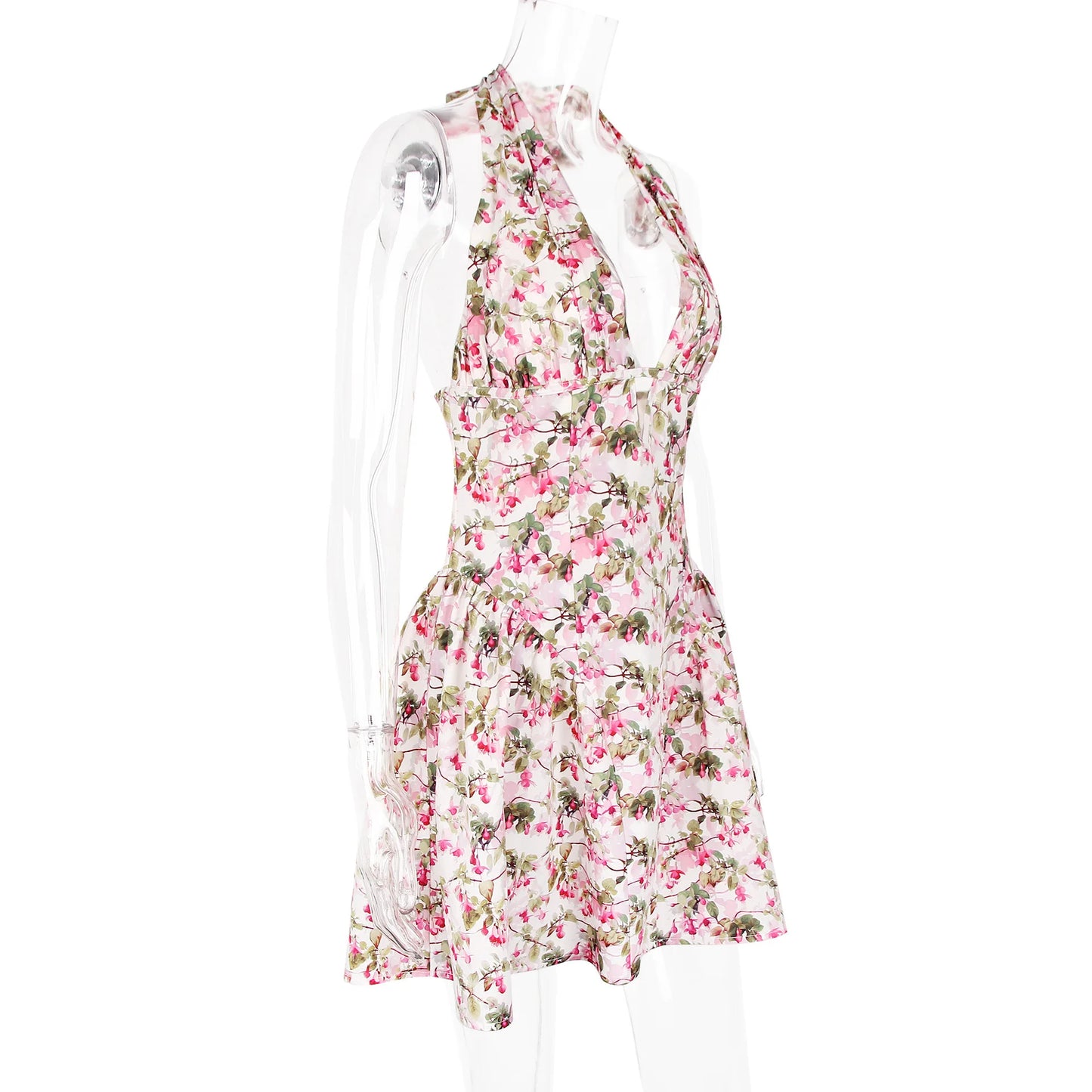 Floral Deep Halter Neck Mini Dress