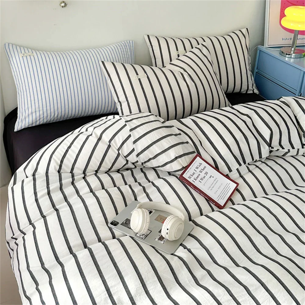 Ins Four Piece Set of Washed Cotton Striped Duvet Cover Set, Simple Bed Sheets, and a Three Piece Set for Student Dormitories