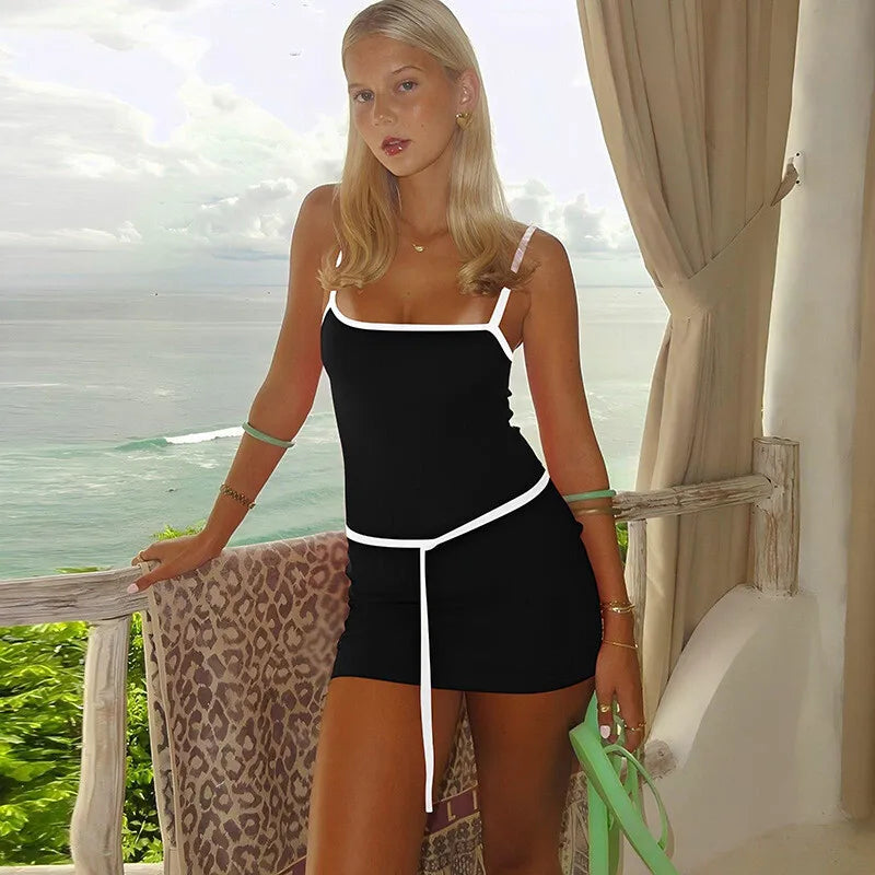 Patchwork Solid Spaghetti Bodycon Dress