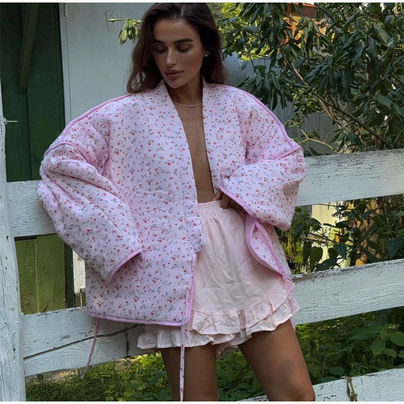 Women's Pink Printed Casual Knit Cardigan - Autumn/Winter Warm