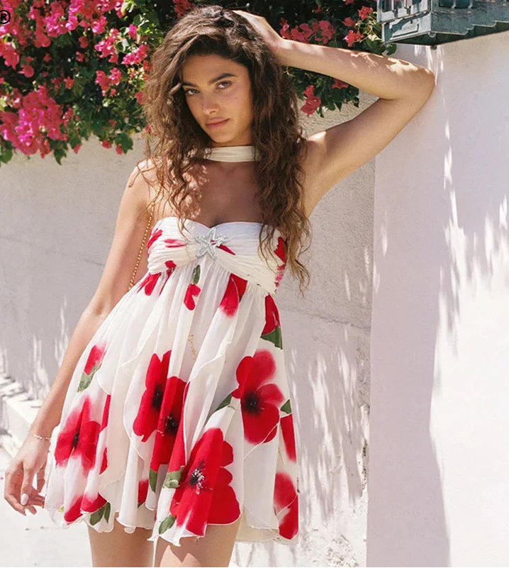 Frill Halter Around Neck Strapless Mini Dress