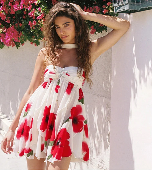 Frill Halter Around Neck Strapless Mini Dress