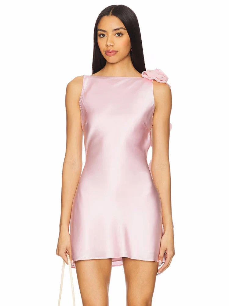 Flower Strap Backless Satin Mini Dress