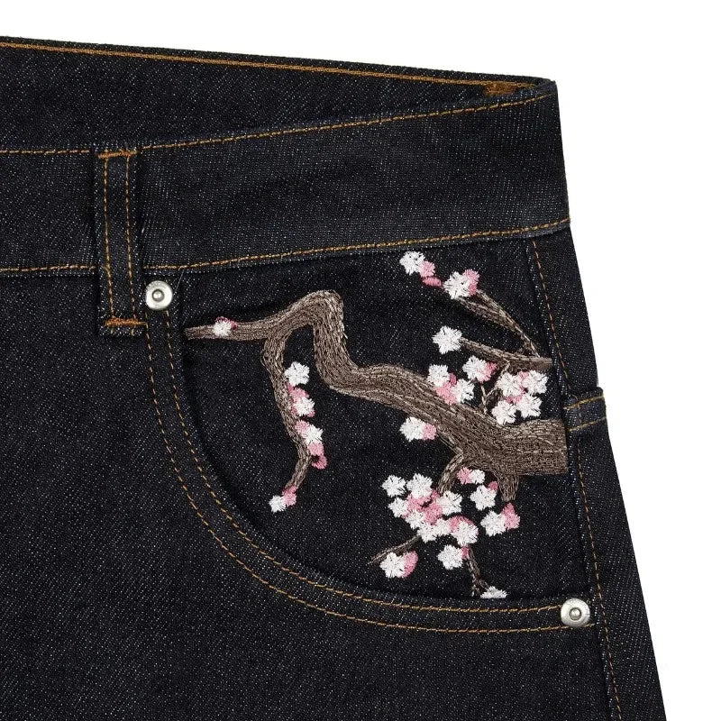 Cherry Blossom Embroidery Wide Leg Jeans