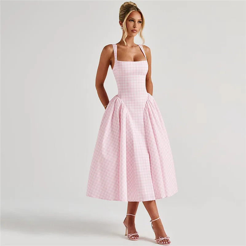 Plaid Printed Corset A-line Maxi Dress