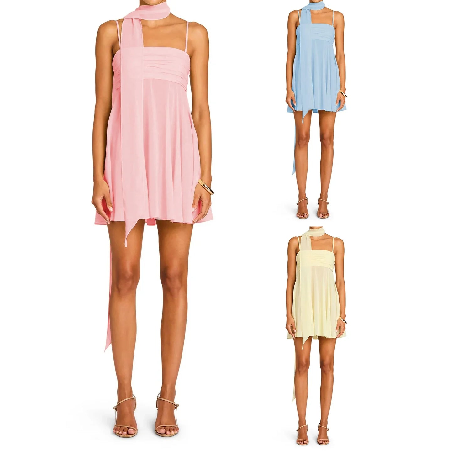 Spaghetti Strap Mesh Mini A-line Dress with Scarf