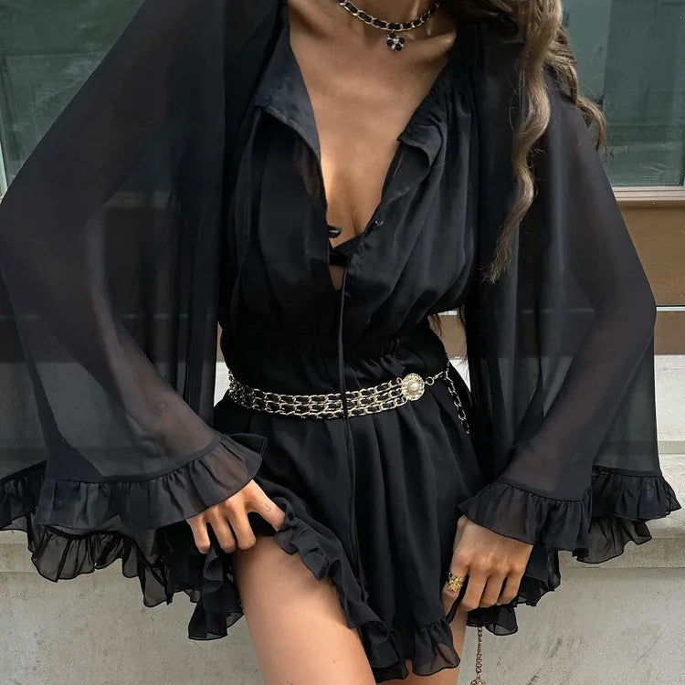 Black Ruffles Mesh Long Sleeve Mini Dress