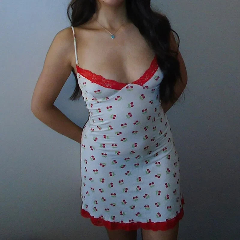 White Cami Red Print Spaghetti Strap Mini Dress