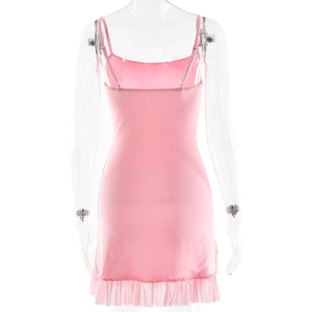 Pink Frill Flowers Slip Mini Dress