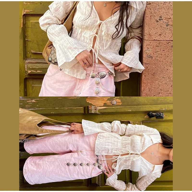 White Ruched Tie Up Long Sleeve Top