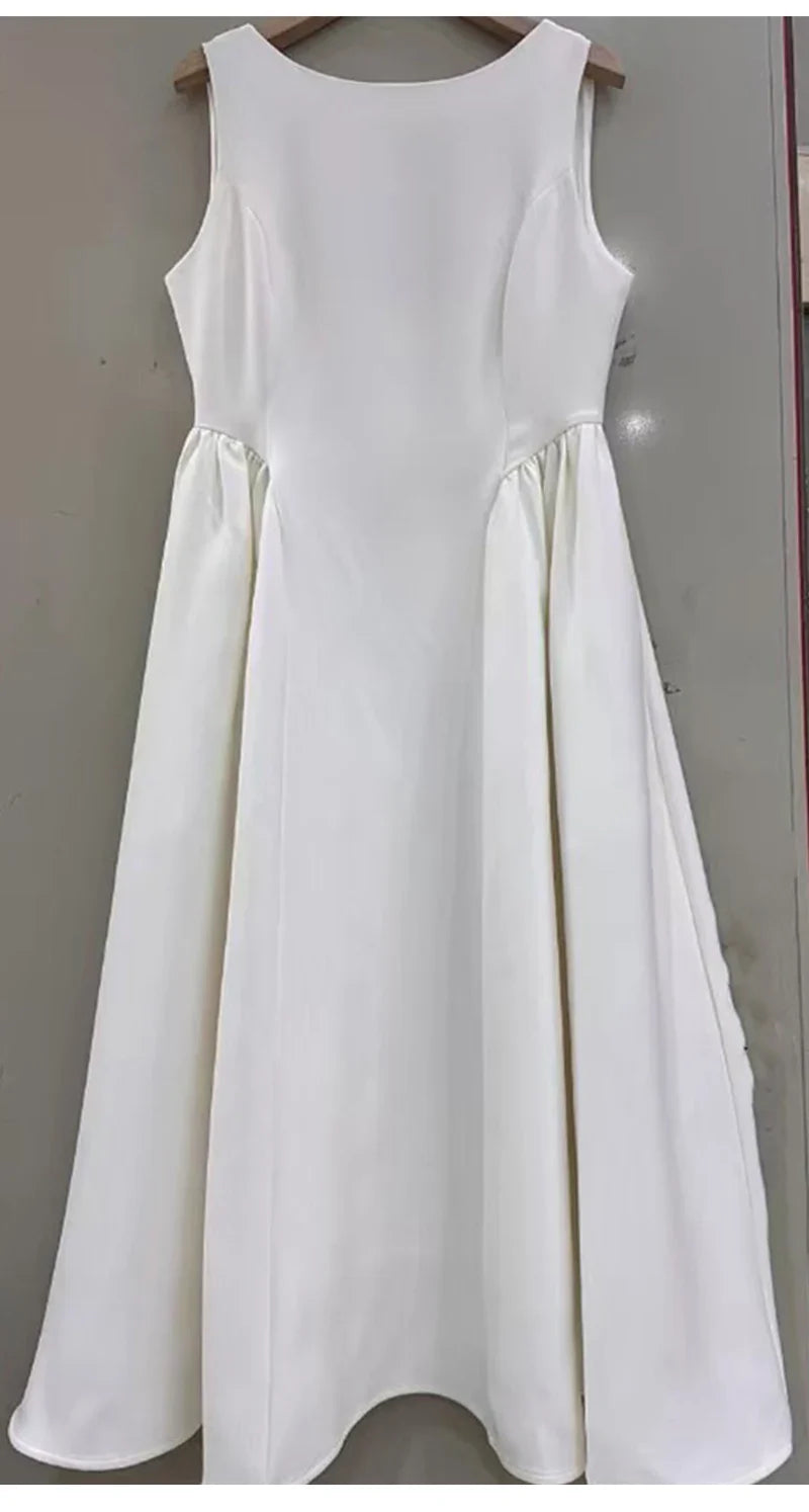 Solid Round Neck Waist A-line Sleeveless Midi Dress