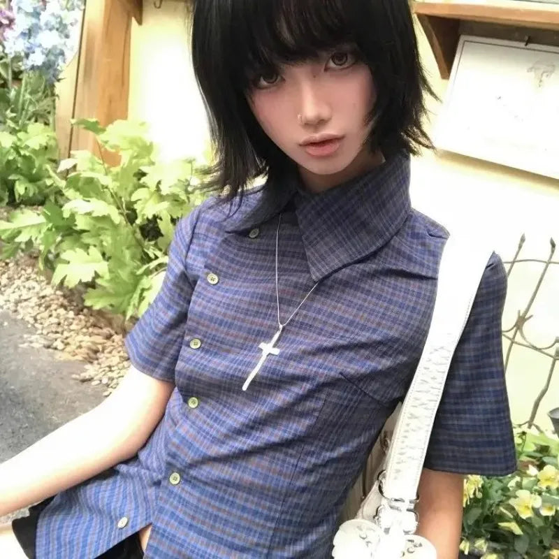 Plaid Irregular Buttoned T-shirt