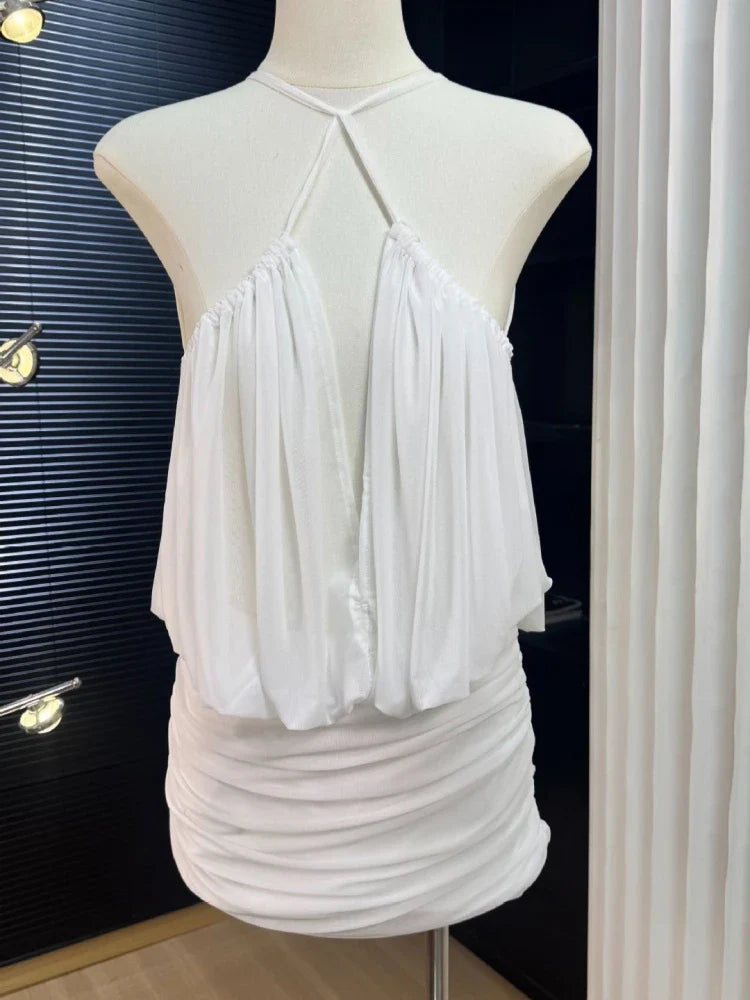 Halter Mesh Ruched Mini Dress