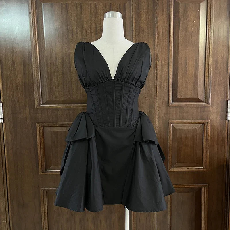 Red V-neck Pleated Mini Dress