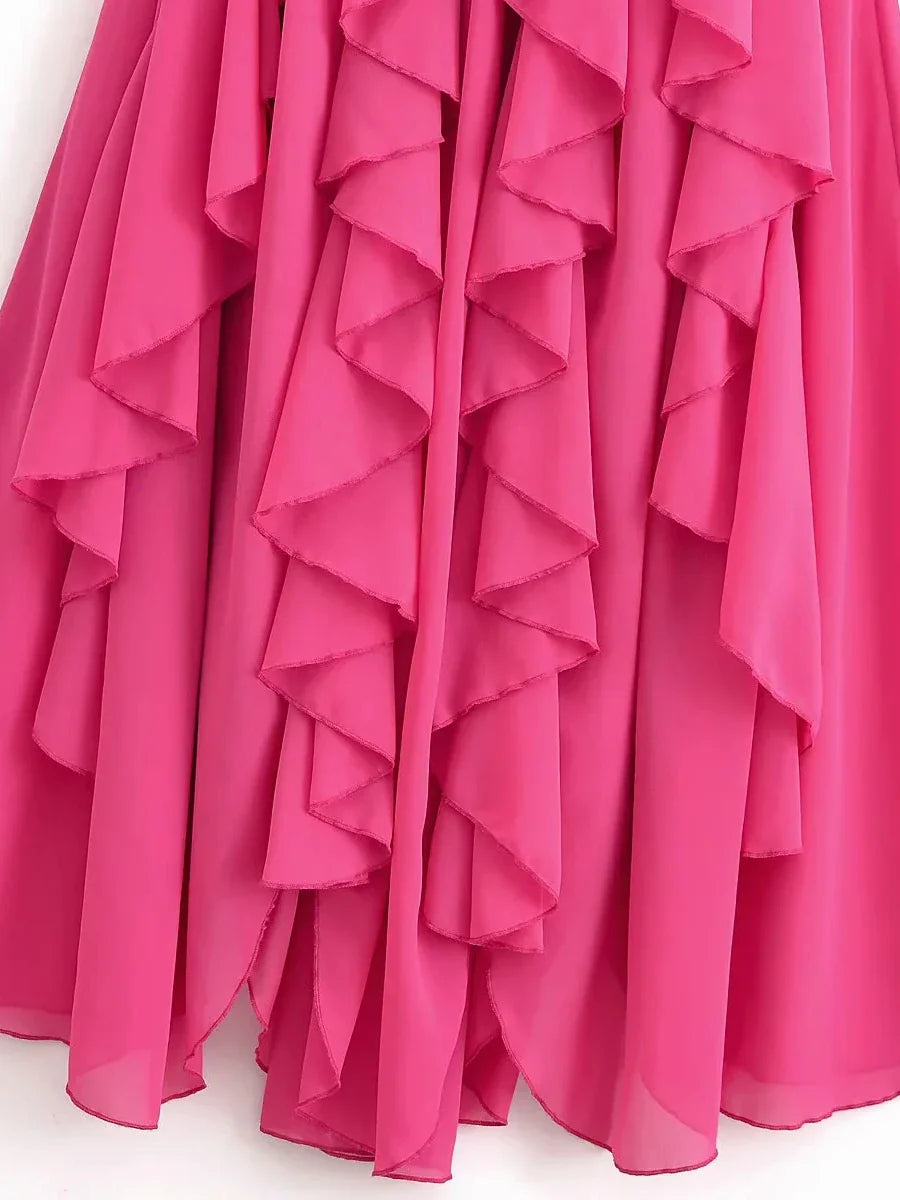 Pink Halter Ribbon Ruffles Frill Midi Dress
