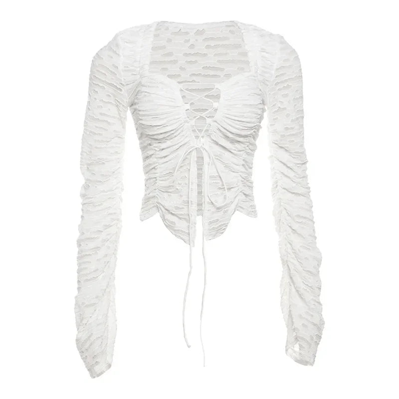 White Lace Up Gathered Top