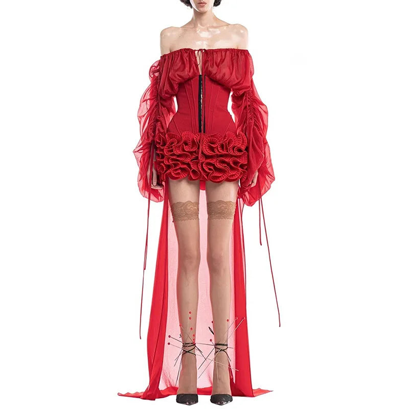 Off-Shoulder Long Sleeve Ruffles Mini Dress