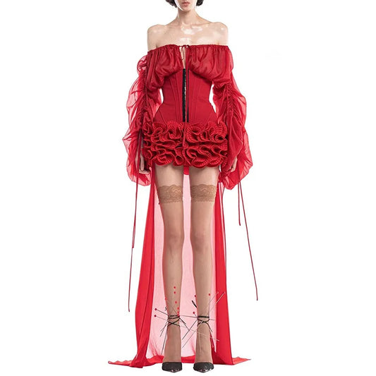 Off-Shoulder Long Sleeve Ruffles Mini Dress