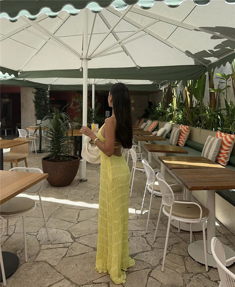 Halter Textured Open Back Maxi Dress