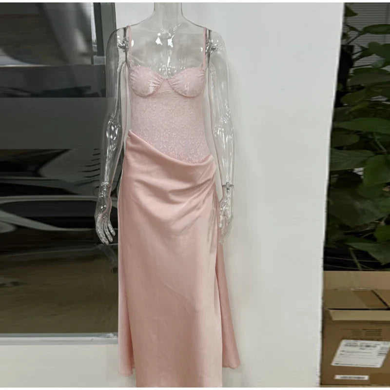 Pink Lace Patchwork Strap Midi Dress