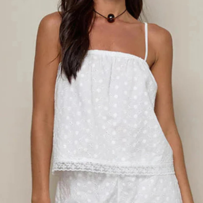 White  Eyelet Spaghetti Strap Babydoll Crop Top