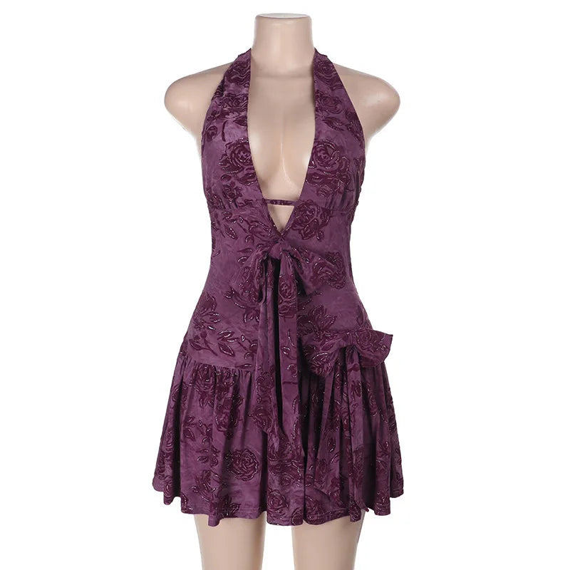 Purple Printed Deep Neck Halter Mini Dress