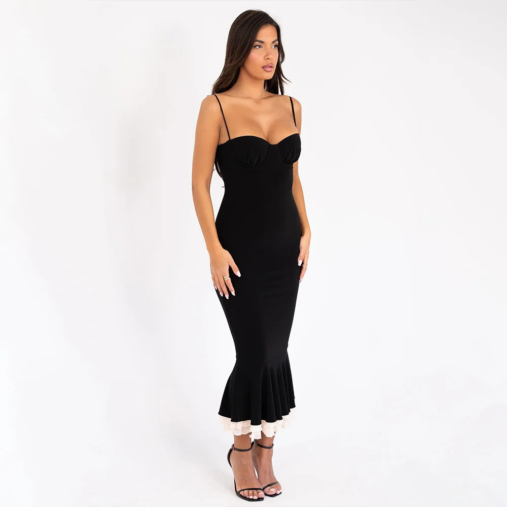 Solid Long Flared Two-piece Crop Sleeve Midi Dress