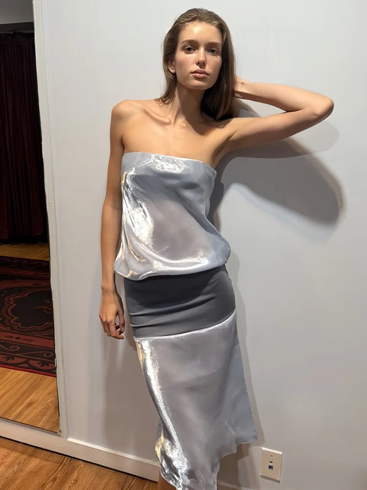 Satin Tube Color Patchwork Long Dress