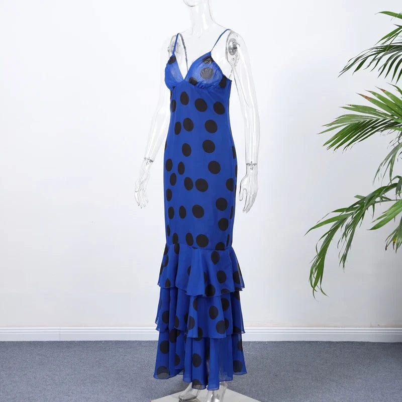 Spaghetti Straps Print Polka Dot Maxi Dress
