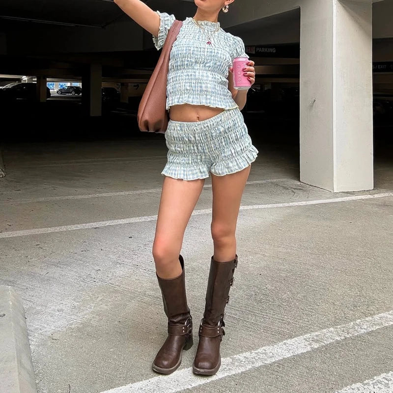 Plaid Print Smocked Crew Neck Top And High Waist Shorts Set