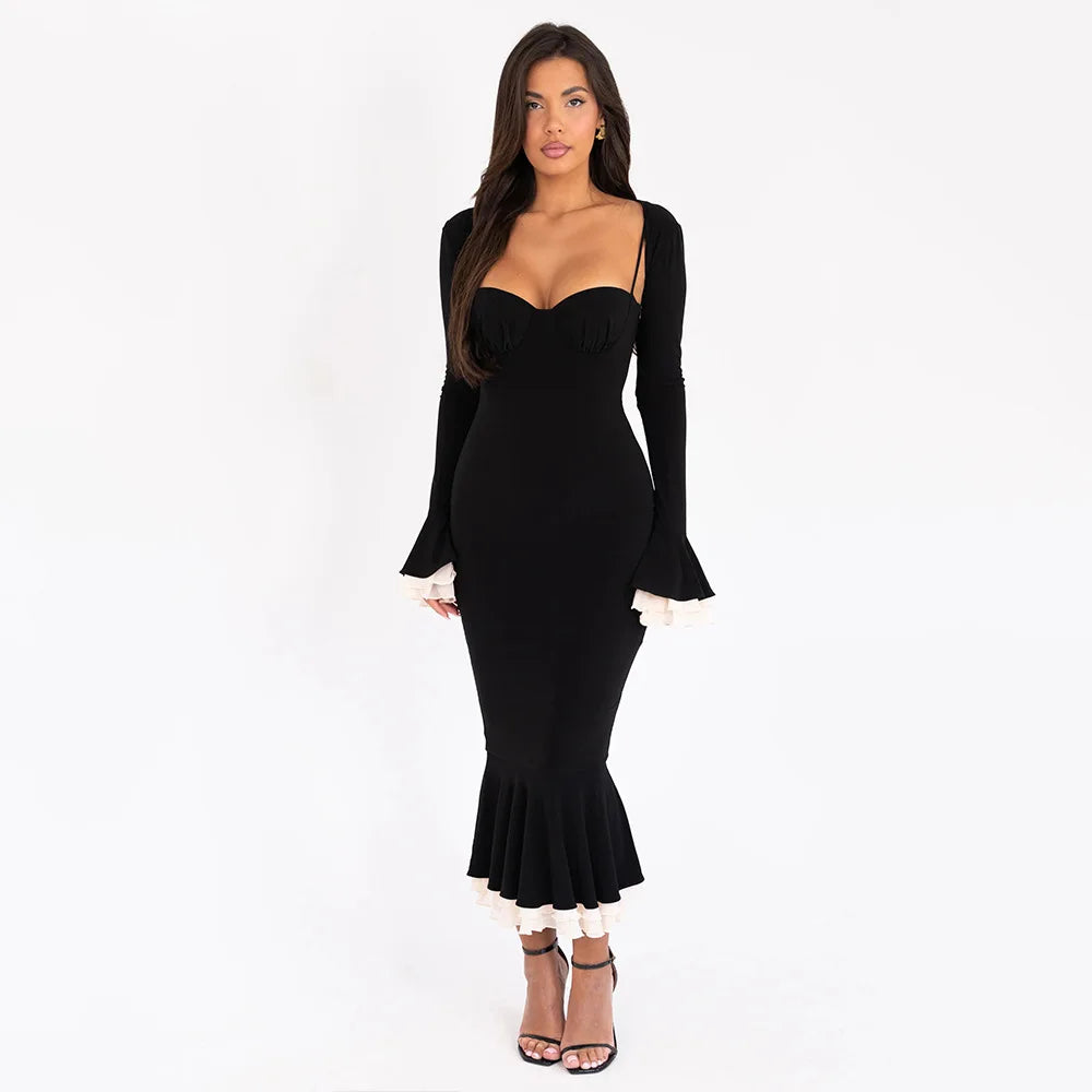 Solid Long Flared Two-piece Crop Sleeve Midi Dress