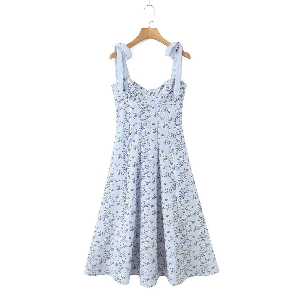 Blue Printed Midi Tie Up Dress