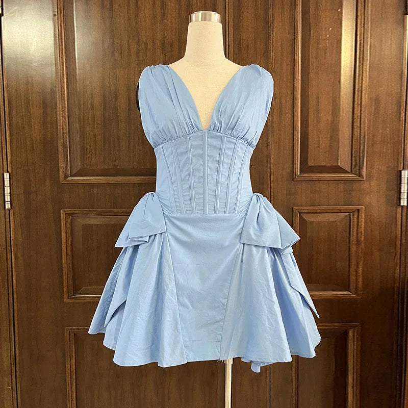 Red V-neck Pleated Mini Dress