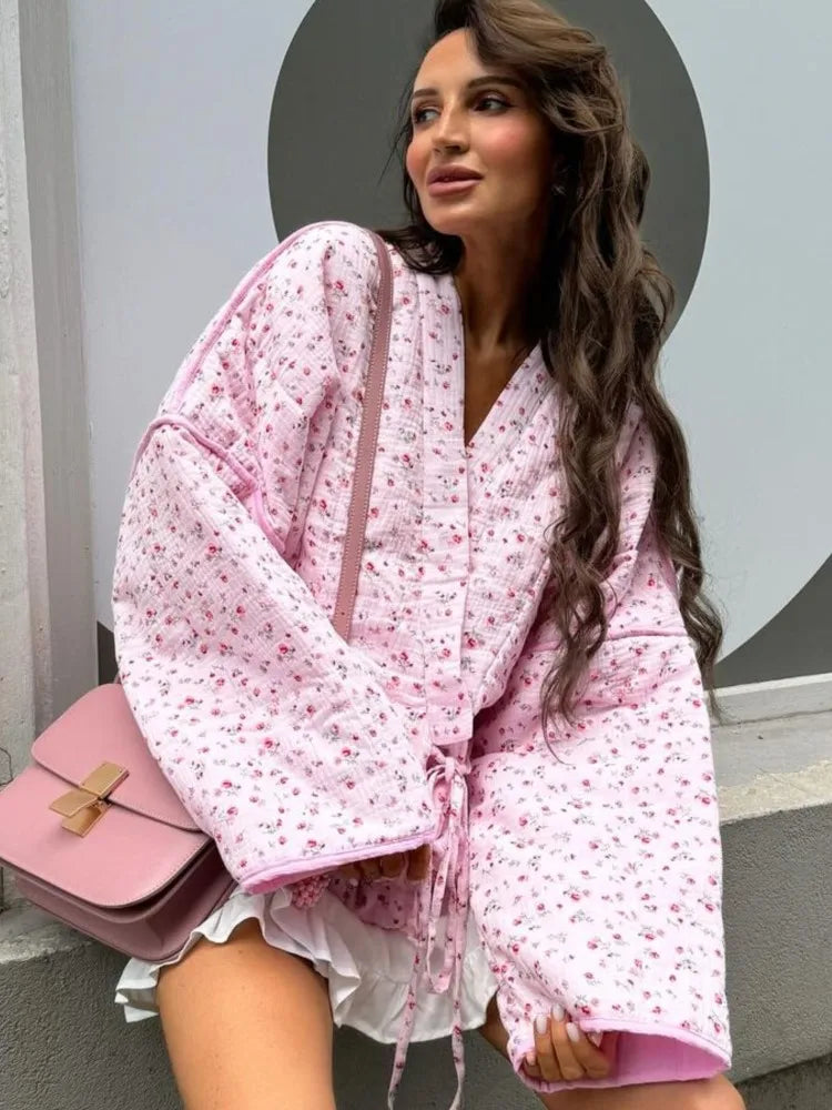 Women's Pink Printed Casual Knit Cardigan - Autumn/Winter Warm