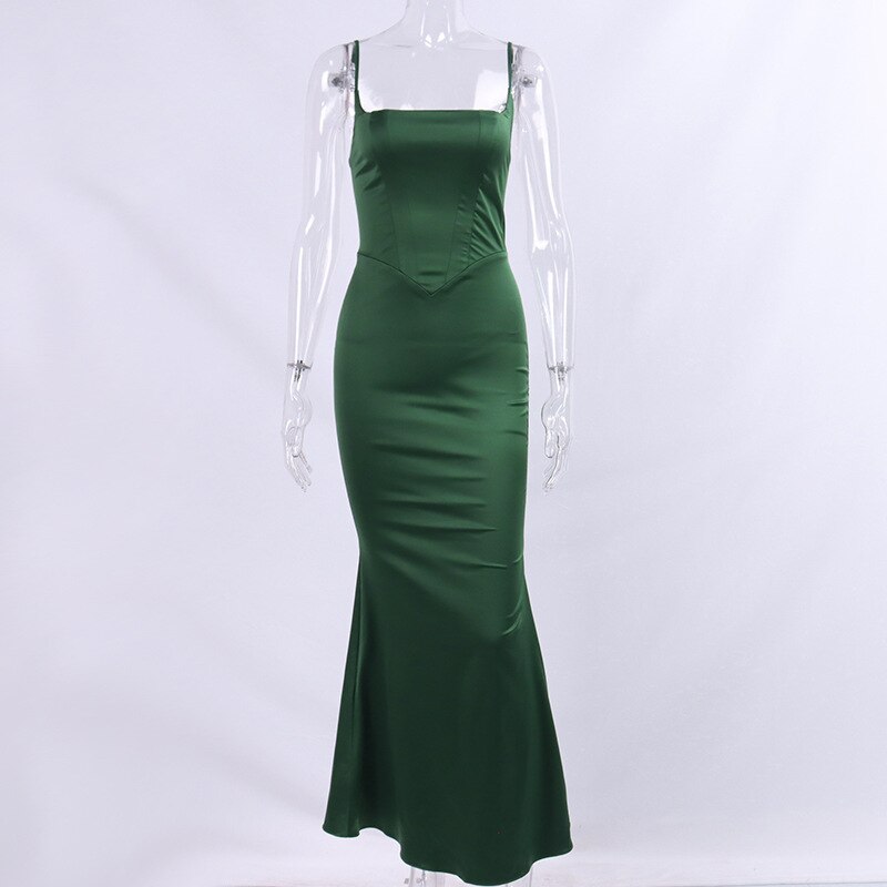 Green Satin Strappy Corset Maxi Dress