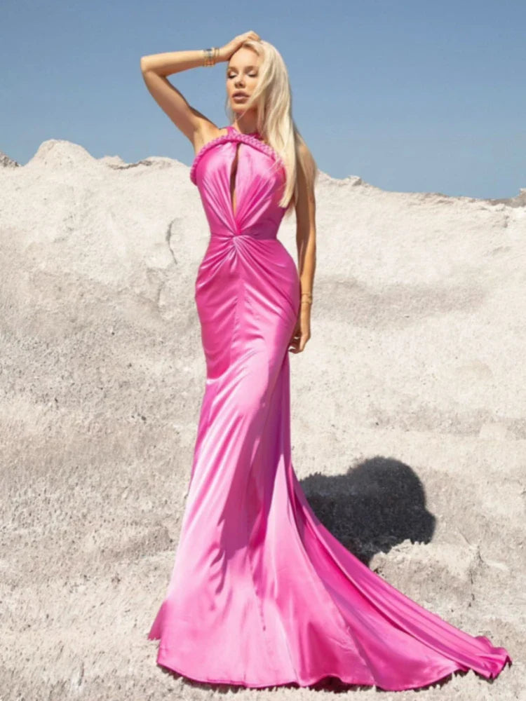 Braided Strap Satin Twisted Maxi Dress