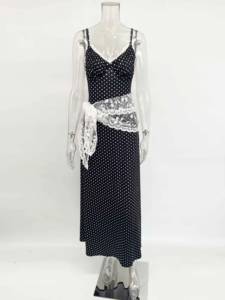 Black Polka Dot Lace Scarf Tie Up Wasit Maxi Dress