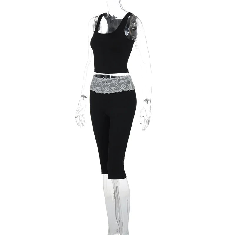 Black Tank Top And Lace Patchwork Capri Pants Set