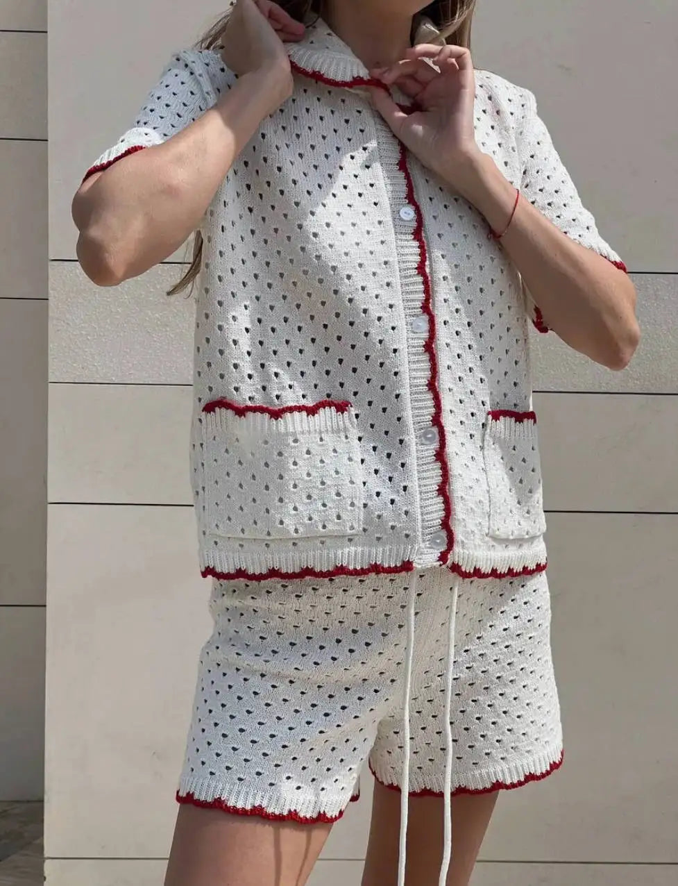 White Knitted Short Sleeve Top And Shorts Set