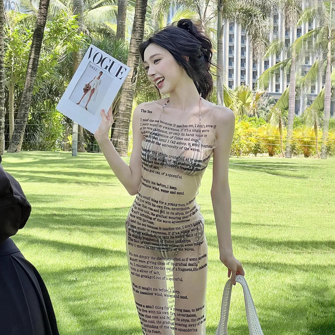 Letter Print Transparent Mesh Tank Mini Dress - Beach Style A-Line