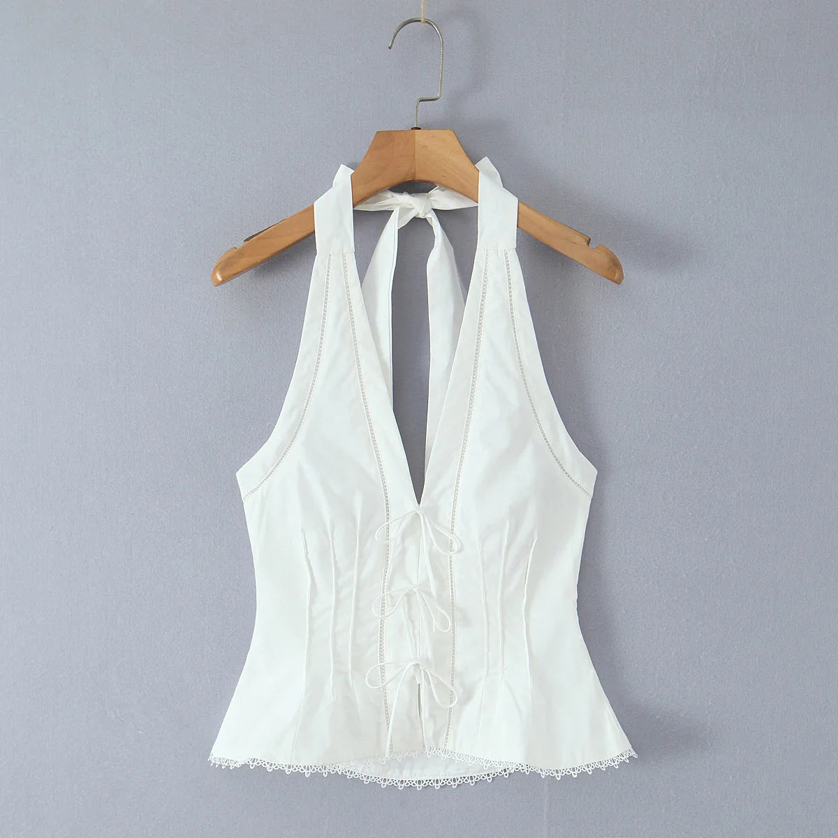 White Bow Halter V neck Button Top
