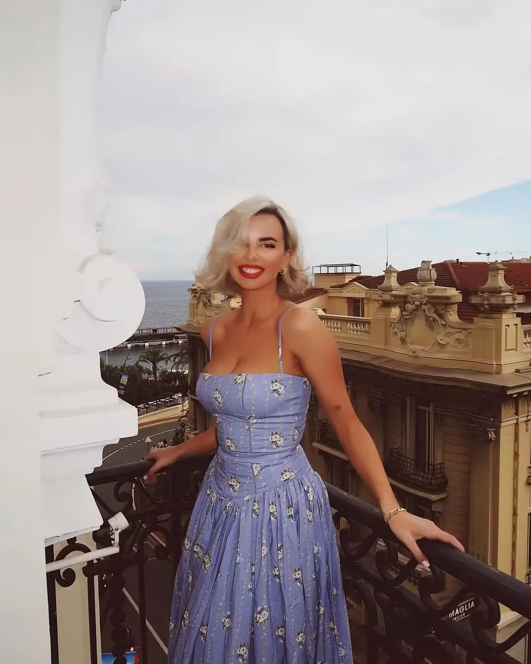 Purple Pleated Floral Print Strap Maxi Dress