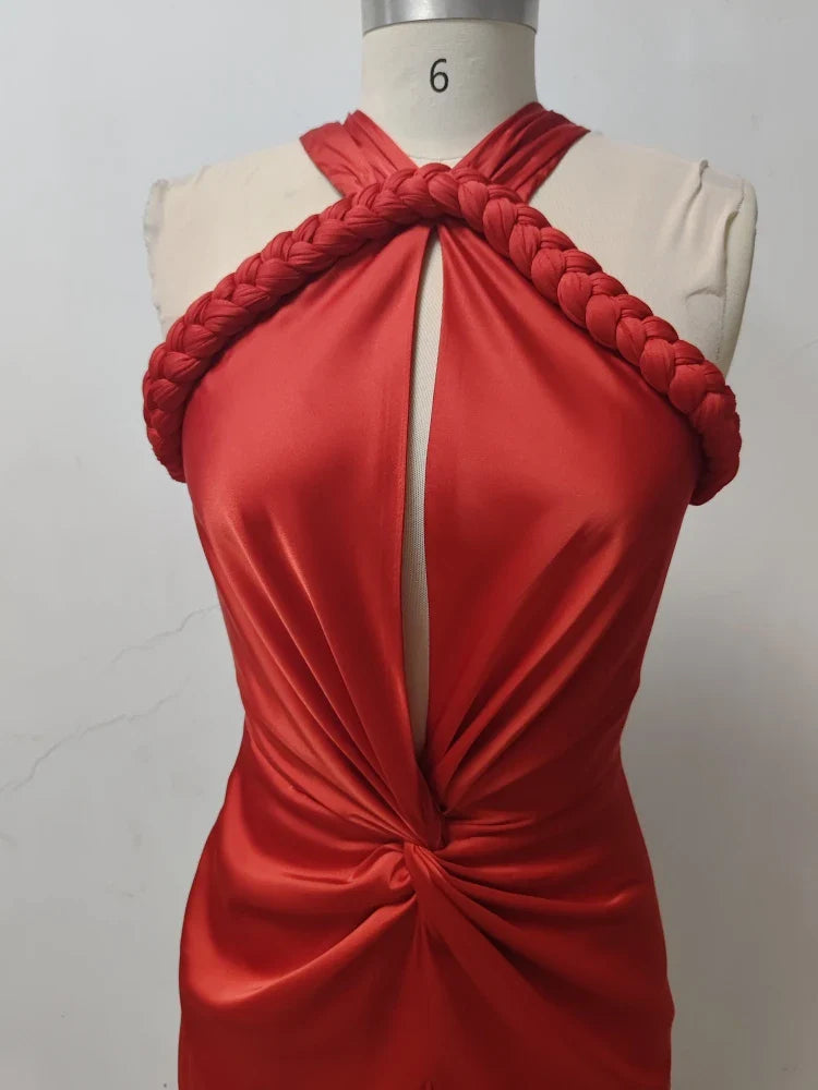 Braided Strap Satin Twisted Maxi Dress