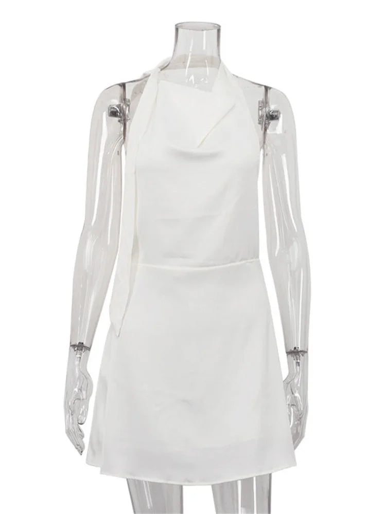 White Backless Lace-Up Satin Mini Dress