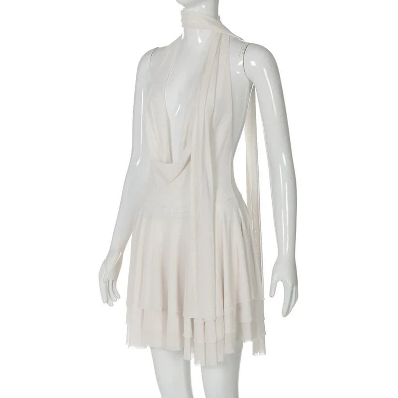 White Halter Deep V Neck Backless Mini Dress